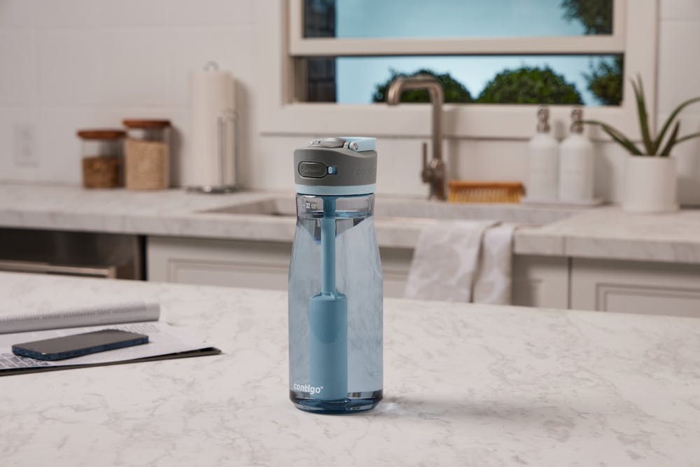 Blue water bottle with filter